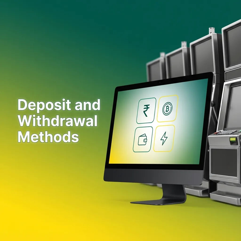 Icons of UPI, Paytm, Google Pay, PhonePe, cards, and e-wallets showing Indian rupee deposit and withdrawal methods