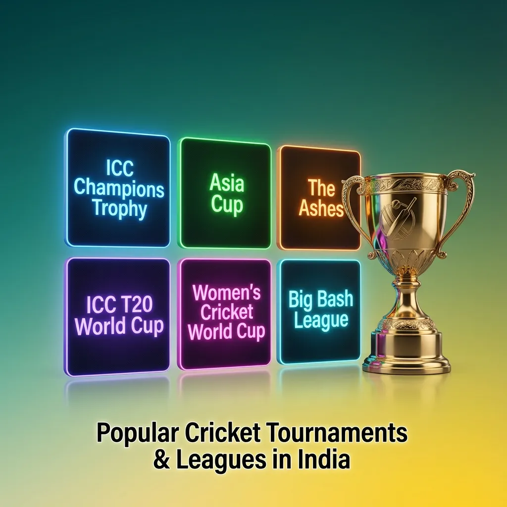 Infographic titled “Popular Cricket Tournaments & Leagues in India” showing icons for ICC events, IPL, The Ashes, and betting markets