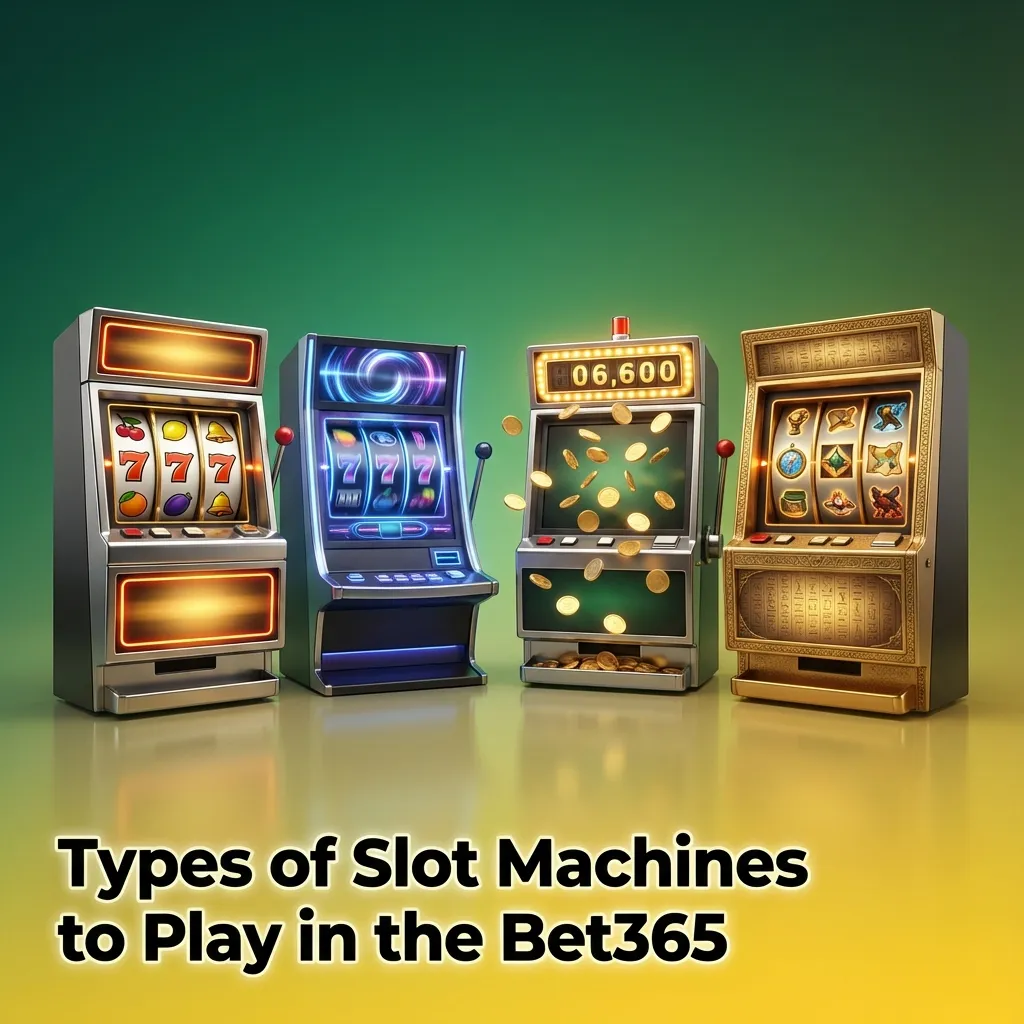 Collage of Bet365 slot machine types, from classic fruit slots to video, Megaways, jackpot, branded and themed games