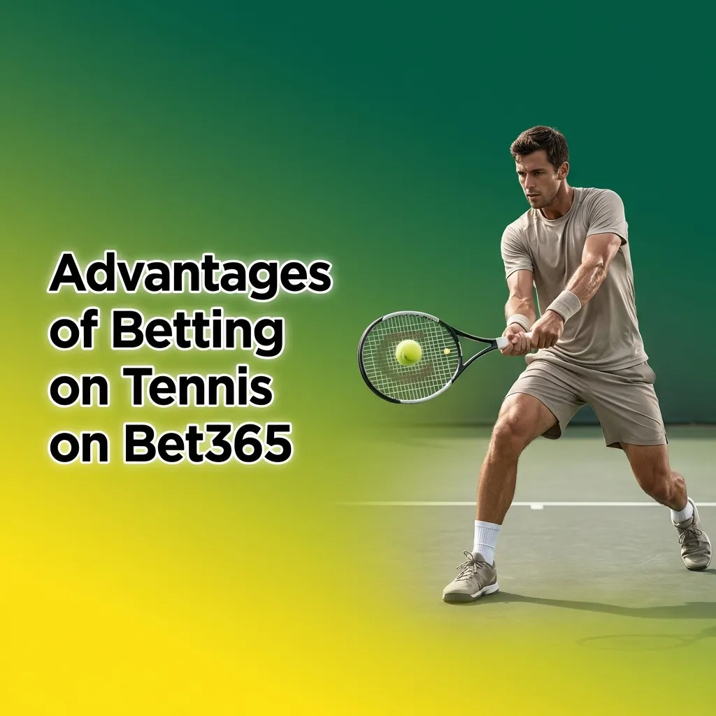 Infographic listing Bet365 tennis betting advantages like wide coverage, live odds, in-play features, cash out, and mobile app.