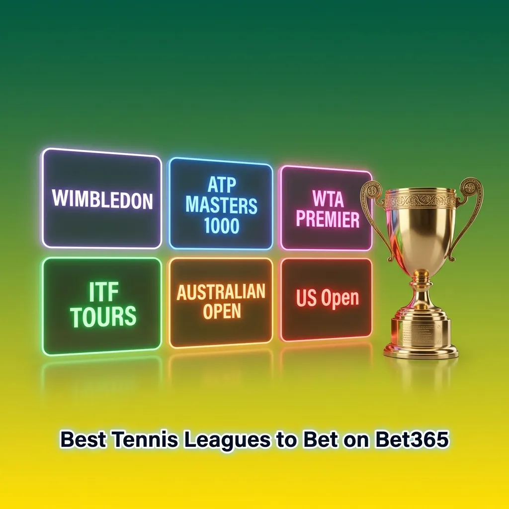 Graphic listing top tennis tournaments and tours to bet on at Bet365, from Grand Slams to ATP, WTA and team events