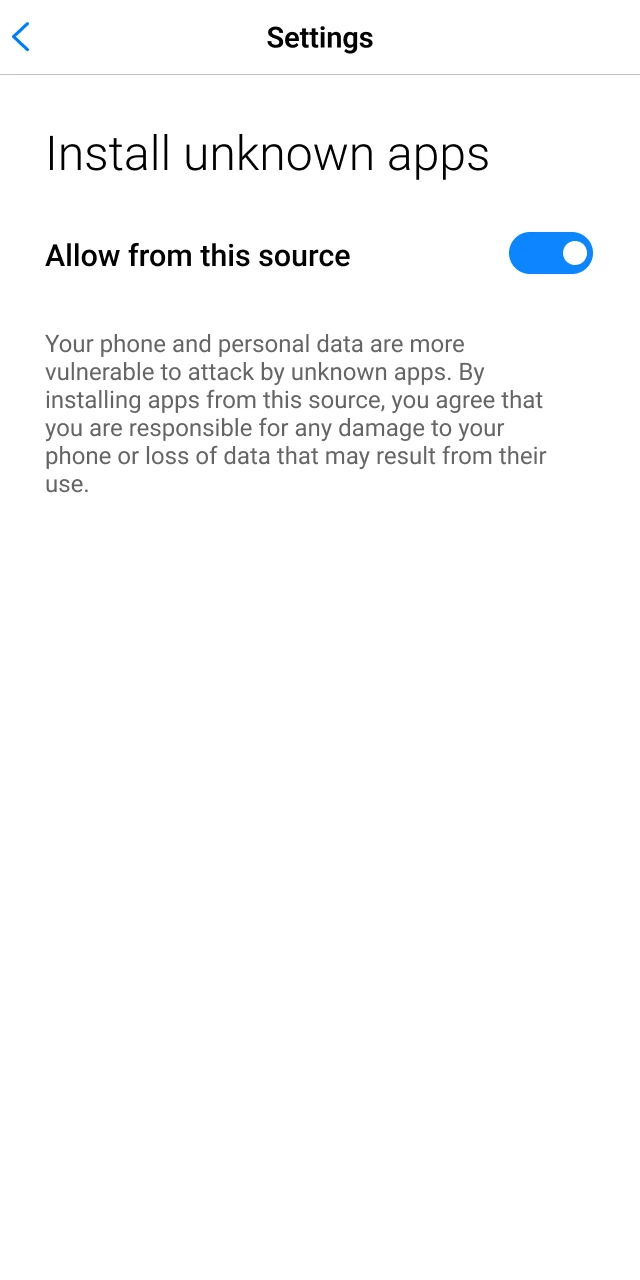 Mobile settings menu with the Install Unknown Apps toggle enabled for the Chrome browser.