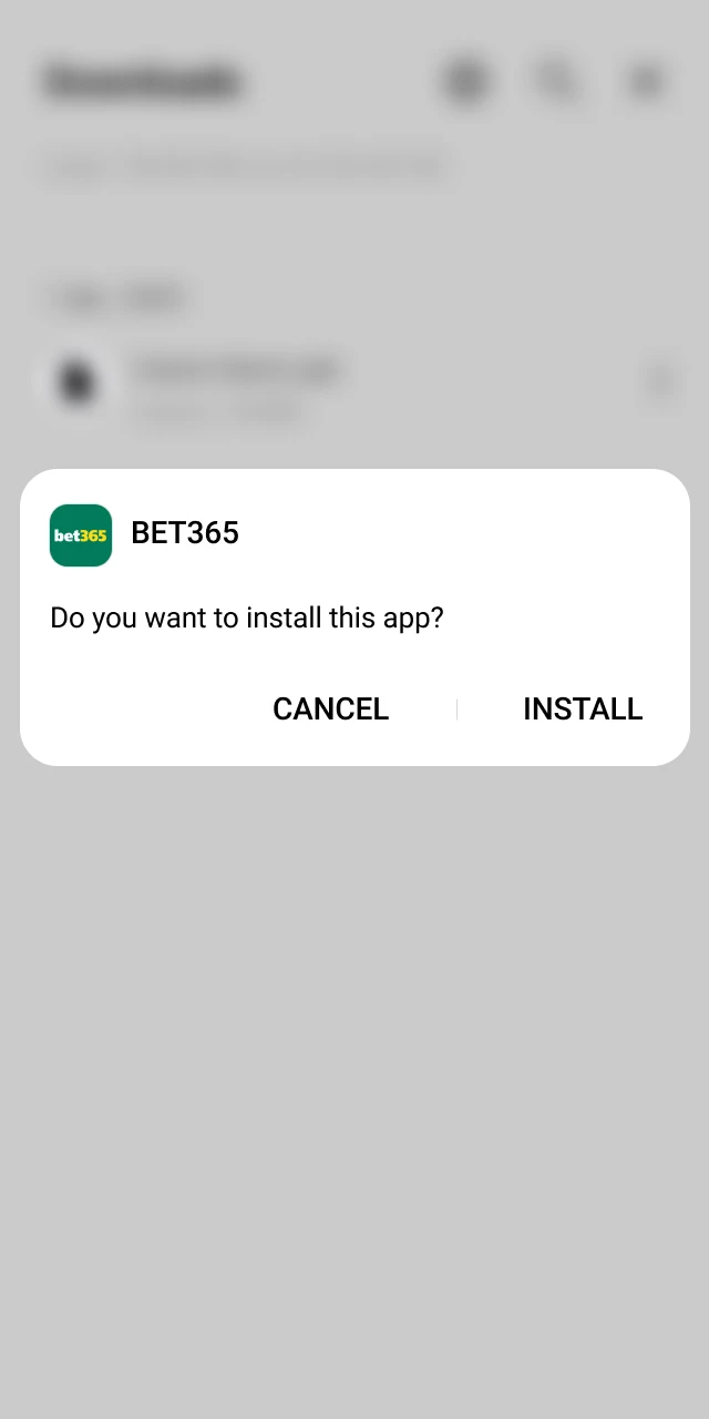 Final Android installation screen for bet365 with the Install button highlighted.