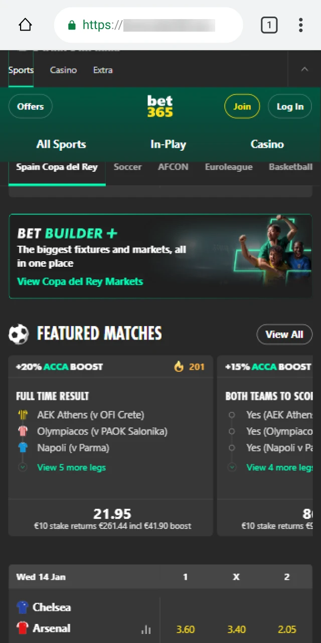 Smartphone screen showing the official bet365 Android APK download link in the mobile browser.