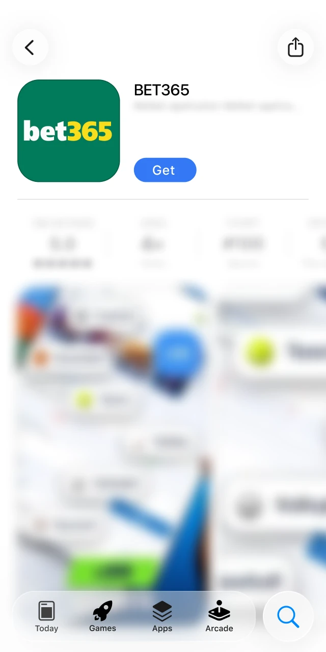 Official bet365 app listing in the iOS App Store showing ratings and the Get button.