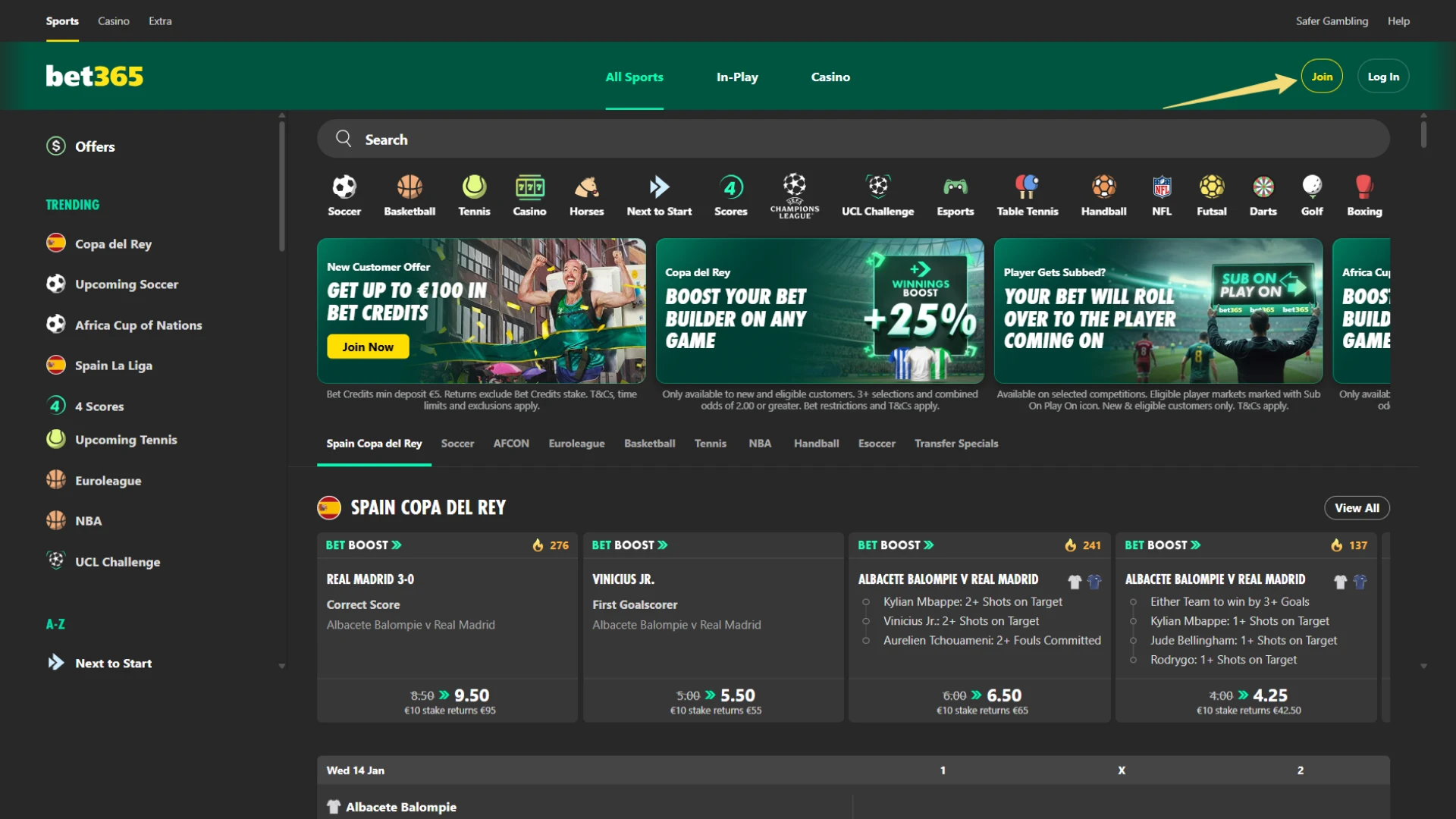 bet365 India homepage showing the yellow Join button for registration.