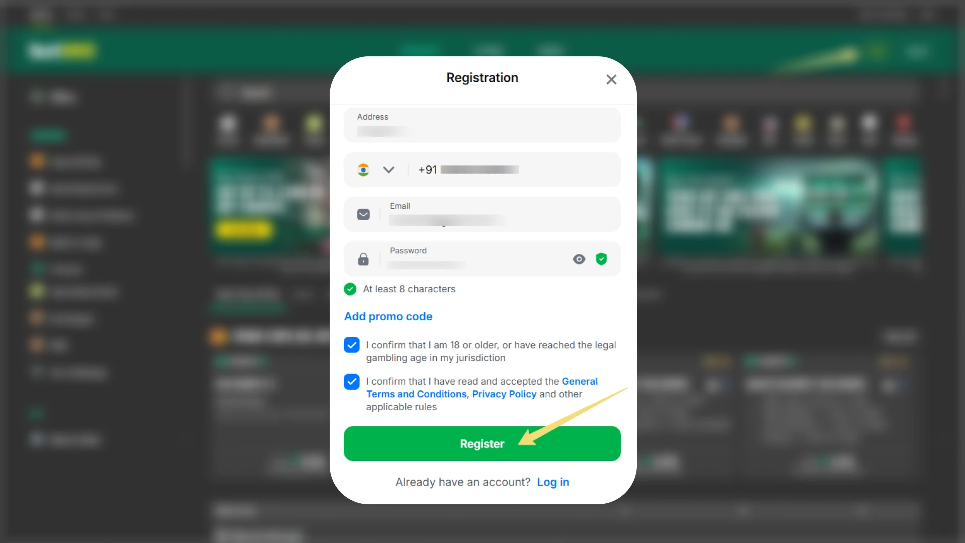 Account verification screen and terms of agreement on the bet365 app.