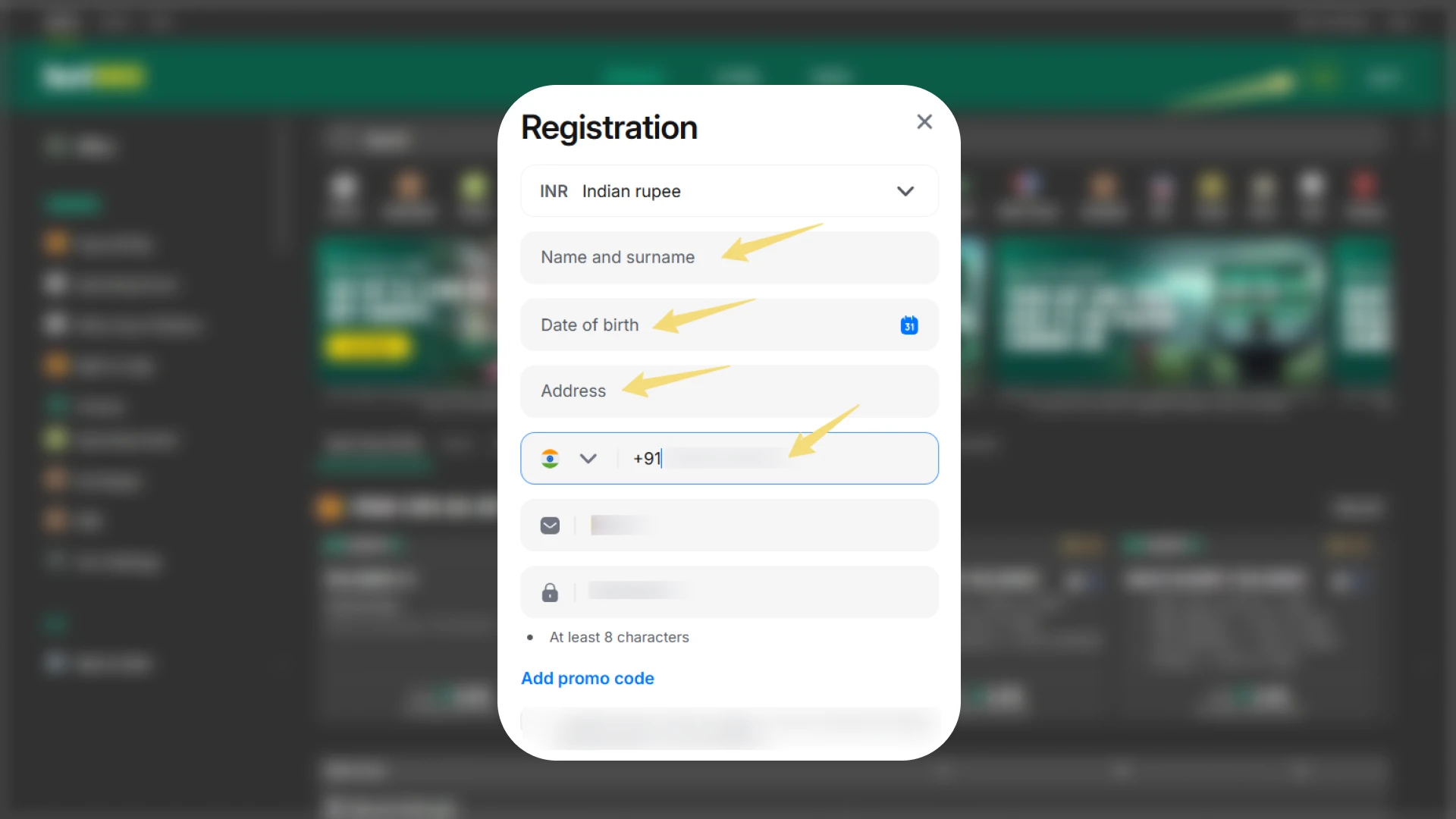 Registration form on bet365 for Indian users to enter name and date of birth.