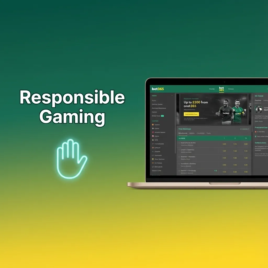Illustration of responsible gaming tips: budget setting, limits, breaks, and seeking help to keep Bet365 betting balanced