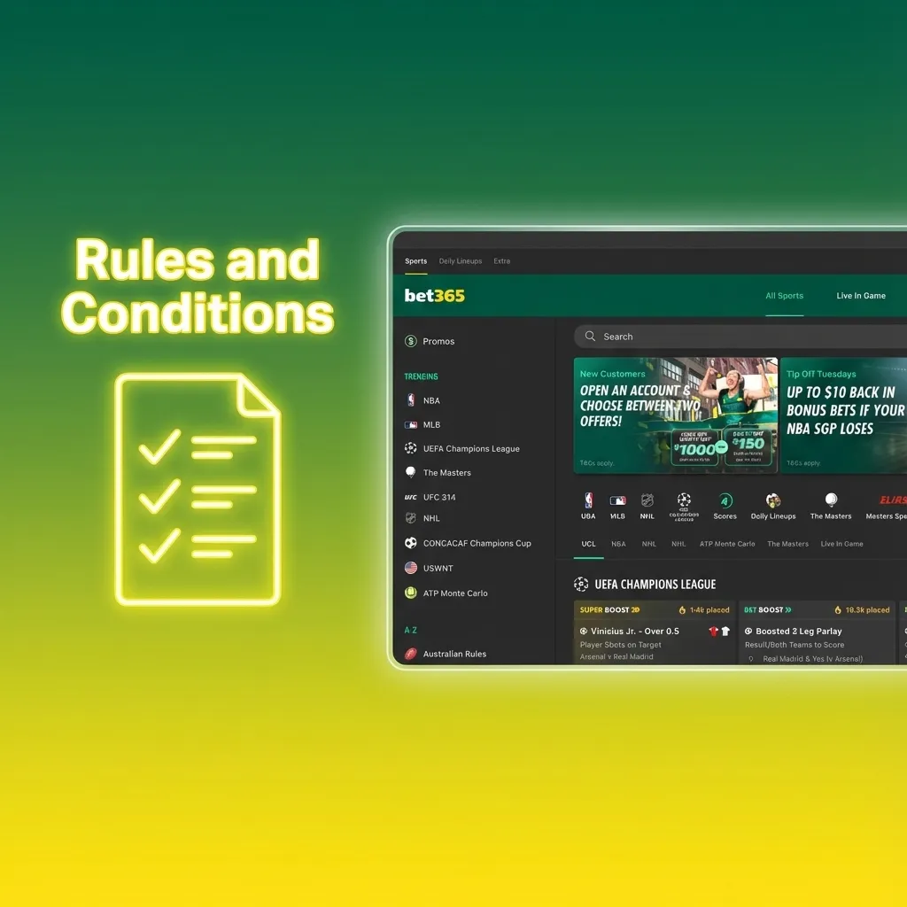 Graphic titled “Rules and Conditions” summarizing Bet365 India age limit, account rules, bonus terms, and fraud consequences