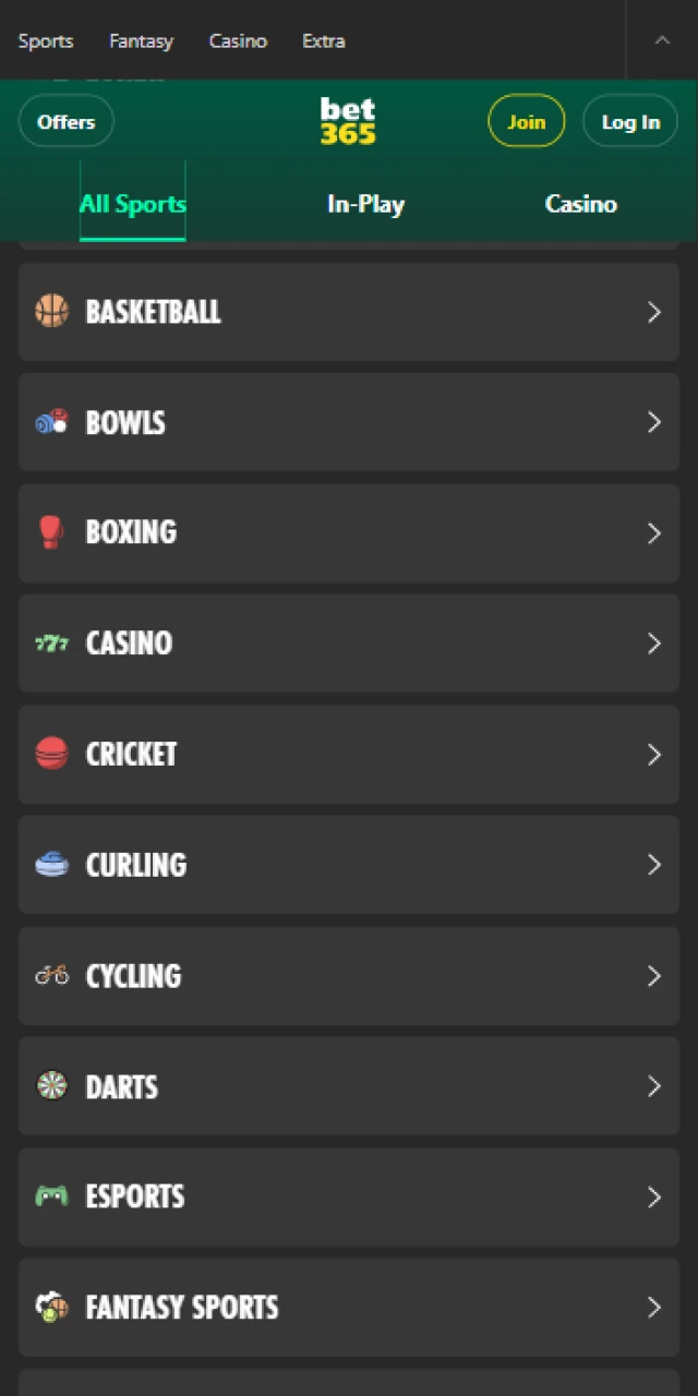 bet365 mobile app menu displaying the full list of available sports including cricket and football.