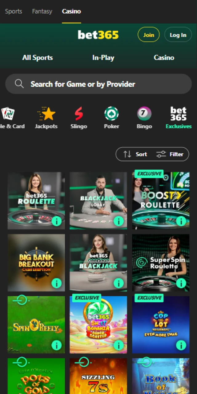 Exclusive casino games and mobile-only titles on the bet365 India app interface.