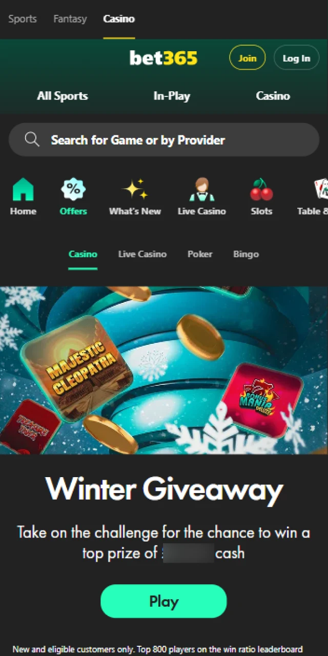Mobile screen showing current bet365 casino bonuses and free spin offers for new players.