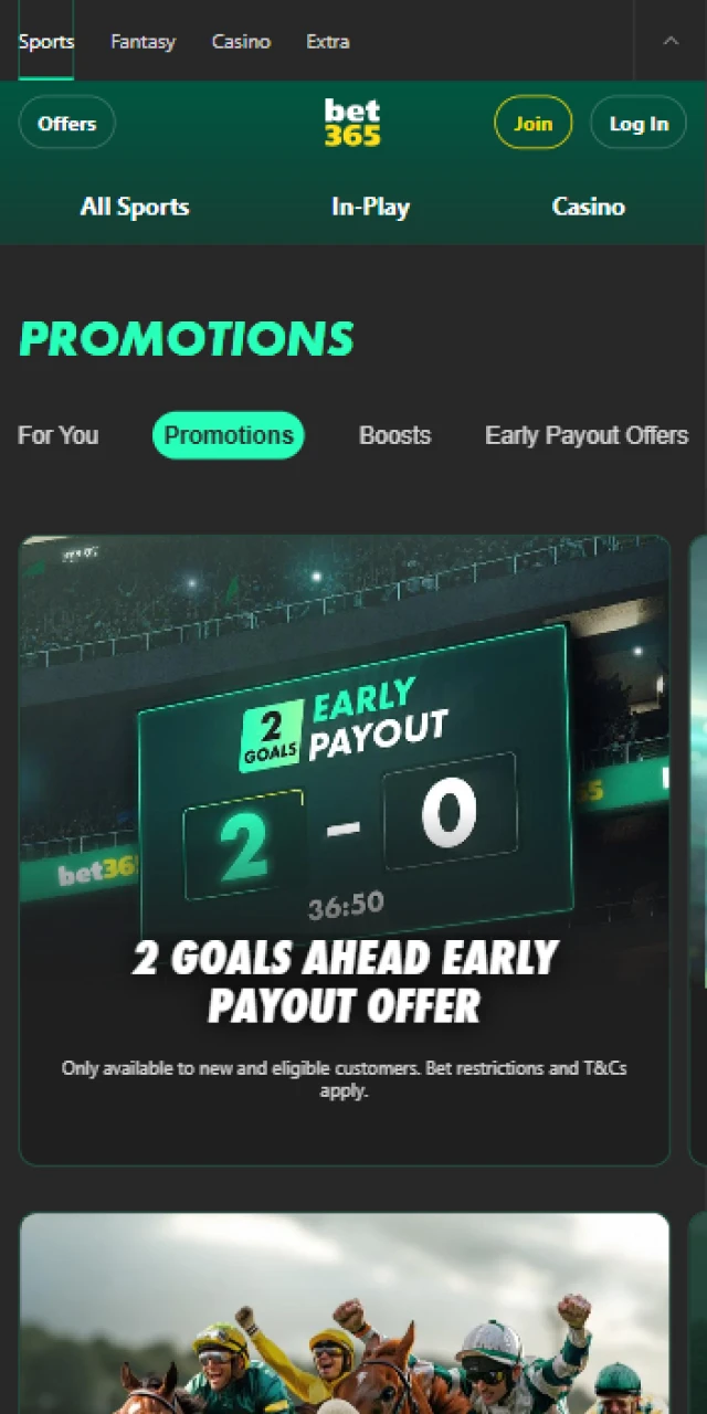 List of active bet365 promotions and sports betting boosters on the mobile application.