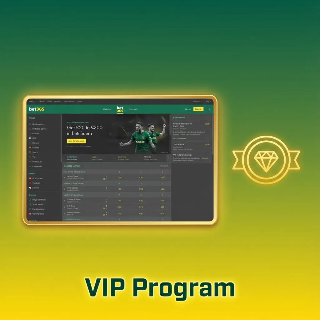 Bet365 VIP program illustration showing tiered loyalty levels, perks, and rewards for frequent sports and casino players
