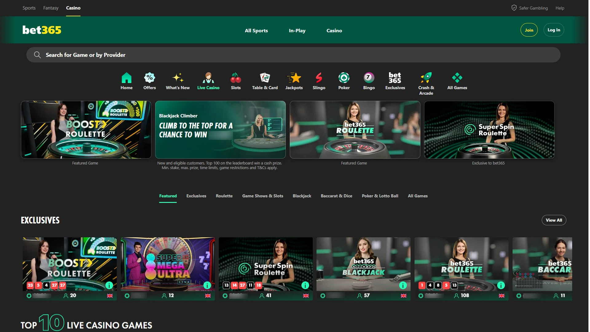 bet365 Live Casino interface with real-time dealers for Roulette and Blackjack.