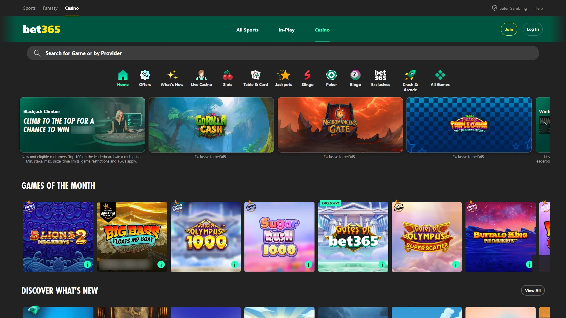 Desktop view of bet365 Casino lobby featuring popular slot games and jackpots.