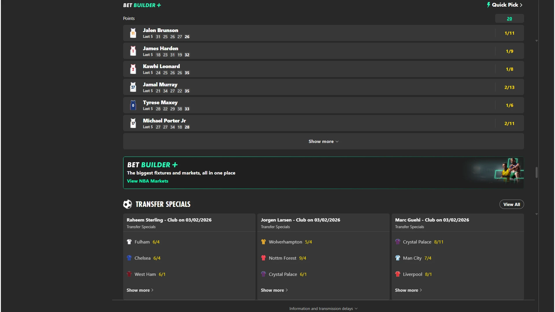 bet365 Bet Builder tool on desktop for creating customized multi-bet slips.