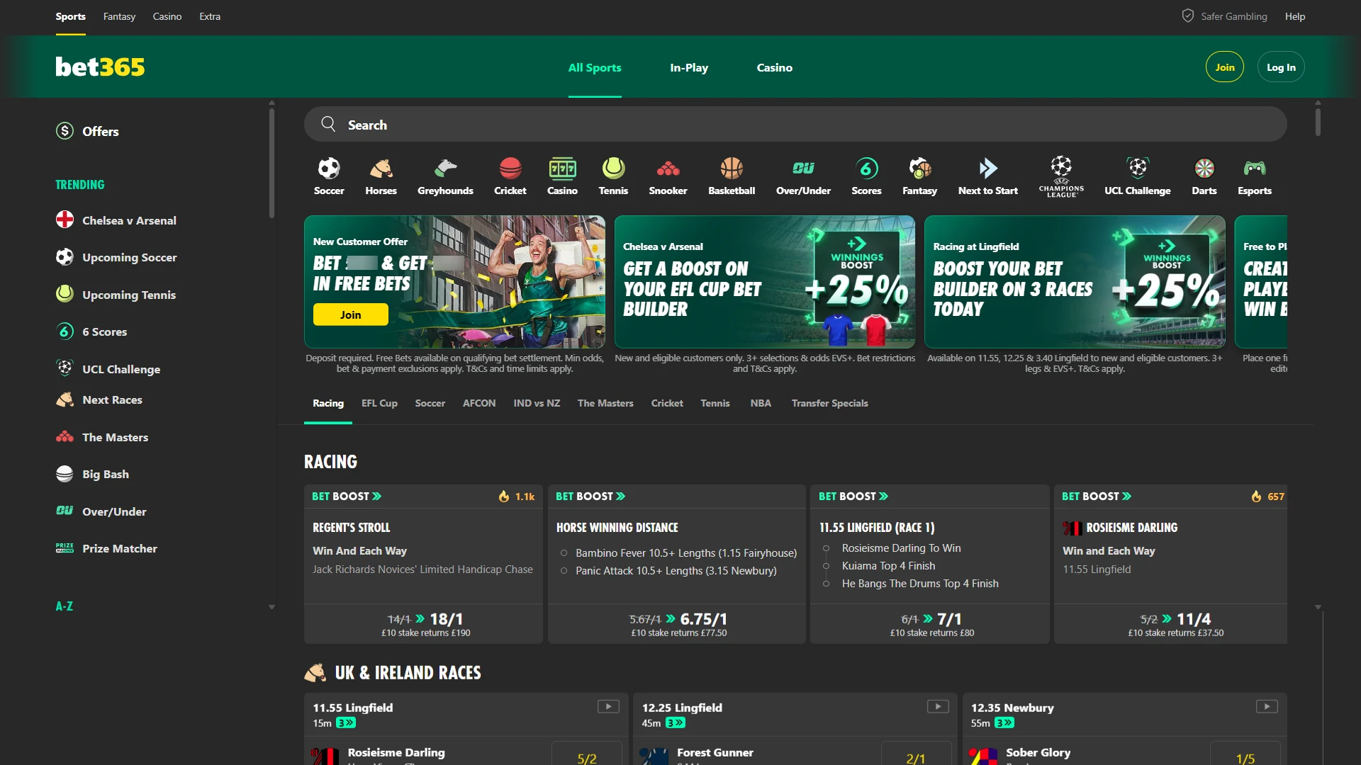 Main desktop homepage of bet365 showing featured sports markets and live odds.