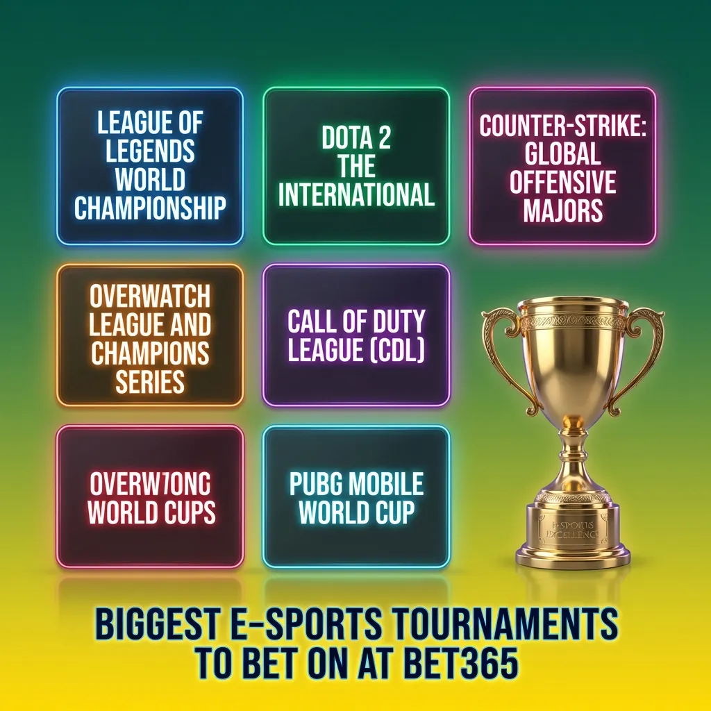 Graphic showing Bet365’s biggest esports tournaments list for Dota 2, CS2, LoL, Valorant, StarCraft II, R6 and mobile games