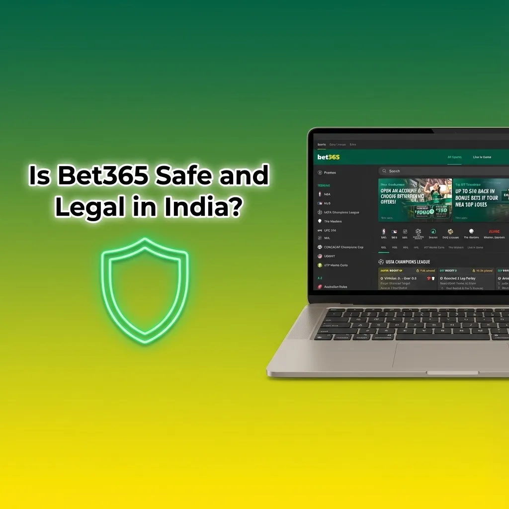 Graphic asking if Bet365 is safe and legal in India, highlighting licences, encryption, security and state-wise law differences