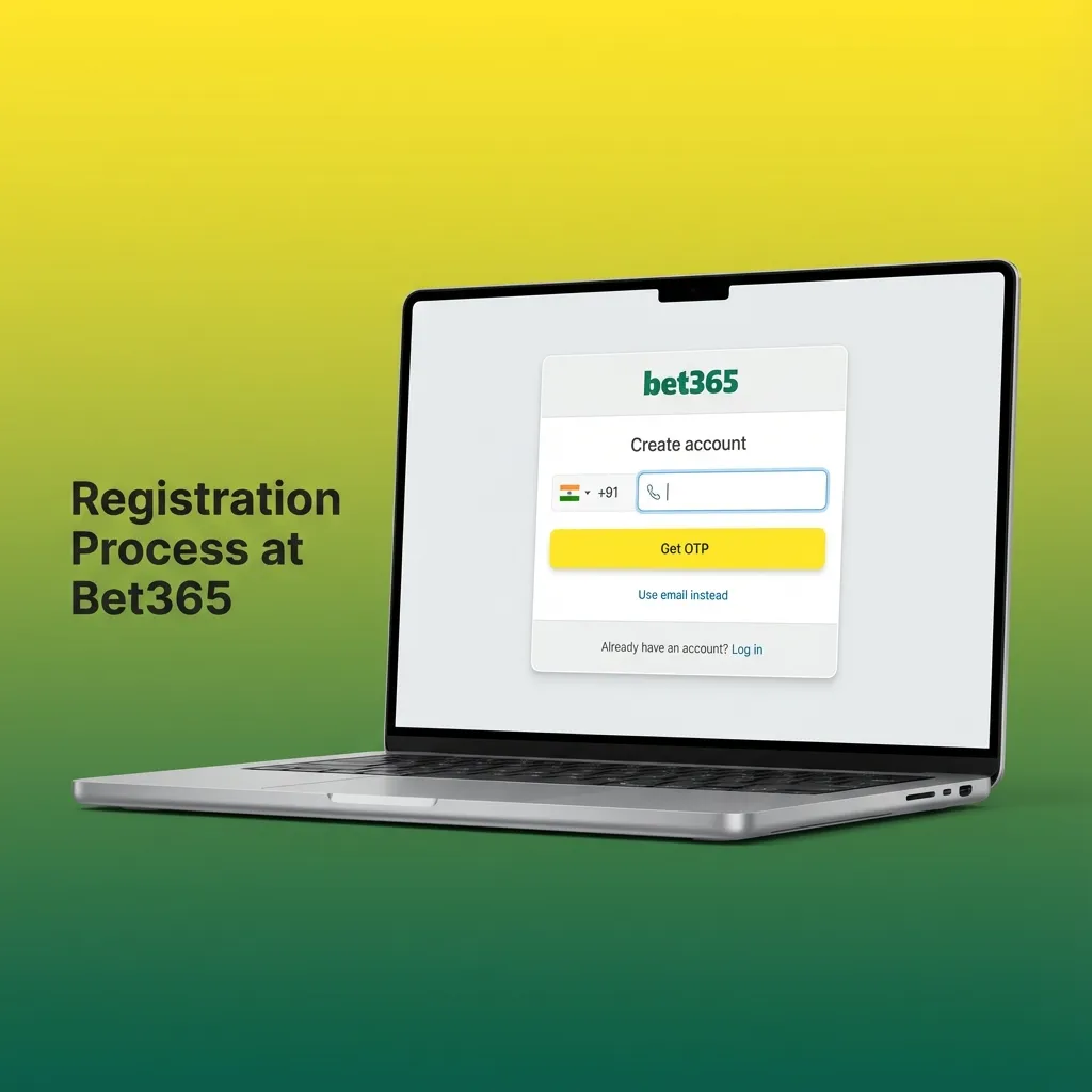 Illustration of Bet365 registration steps on a laptop screen, highlighting form fields and a green “Register” button.