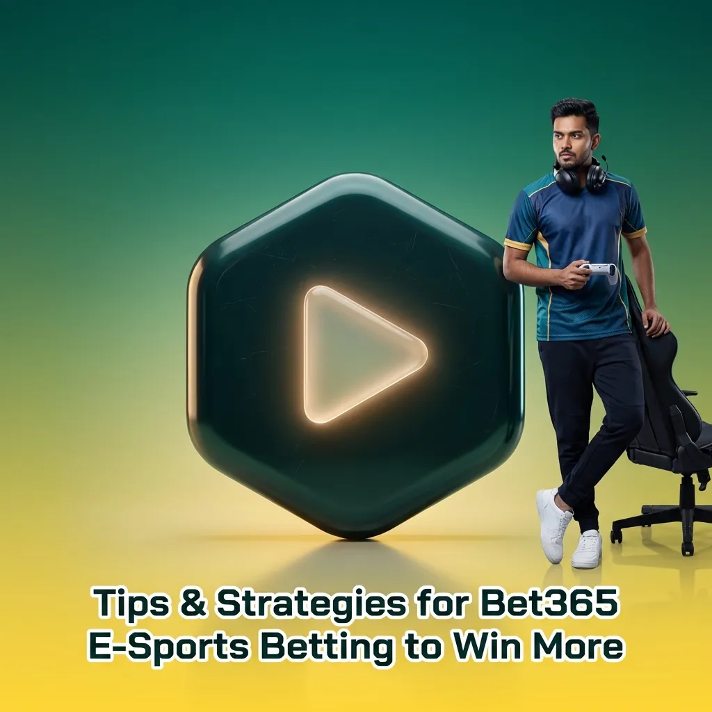 Illustration of Bet365 esports betting tips with icons for bankroll, research, odds, and disciplined strategy steps